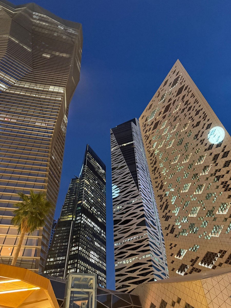 Illuminated towers in Riyadh’s King Abdullah Financial District at night